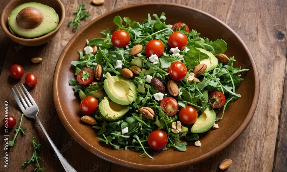 Vibrant avocado salad with ripe tomatoes and mixed nuts on wooden backdrop Vibrant avocado salad with ripe tomatoes and mixed nuts on wooden backdrop