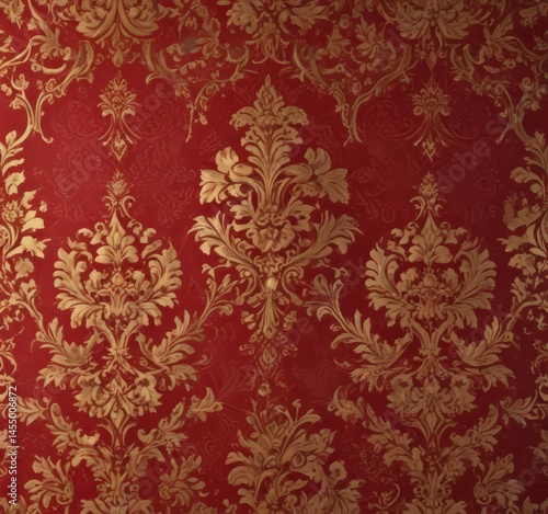 Deep crimson damask wallpaper, intricate gold accents ,  opulent,  luxury