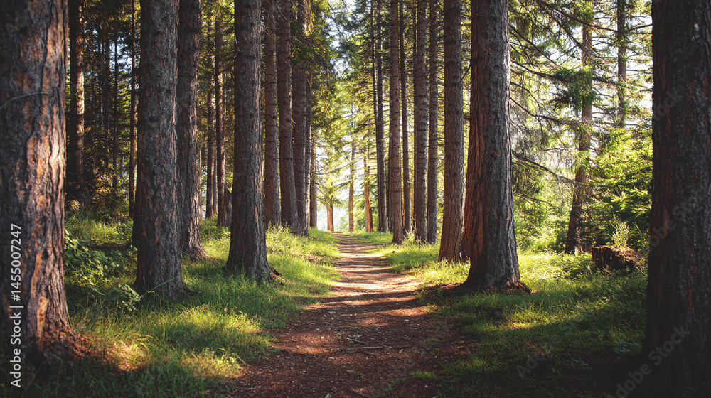 Fototapeta premium A dirt path winds through a dense forest with tall trees and green grass below them