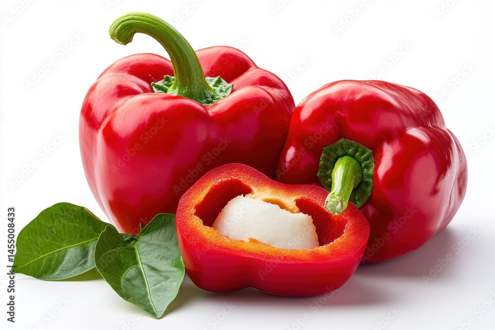 Still life of vibrant red bell peppers with green leaves Still life of vibrant red bell peppers with green leaves