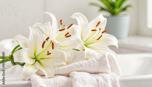 Elegant lilies on cotton fabric in minimalist bathroom, serene ambiance