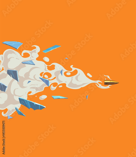 Bullet breaks through glass. Comic book art cartoon vector illustration. 