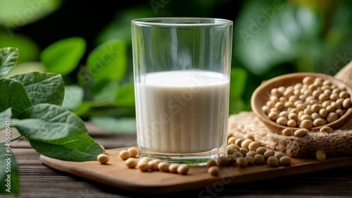 Soy milk poured into a glass on wood board with soybeans and green leaves, vegan dairy alternative drink.