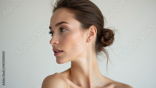 A woman with brown hair, styled in an elegant updo and wearing earrings, shows her profile against a light - colored background, highlighting beauty and sophistication, suitable for beauty, fashion, a