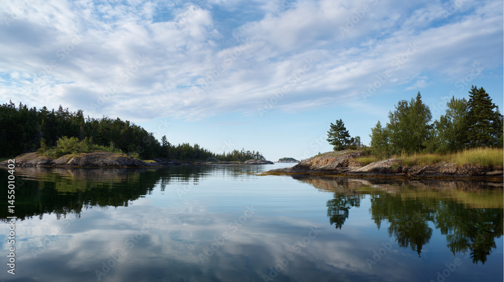 Obraz premium Serene lake view with islands and reflections under a cloudy blue sky during day