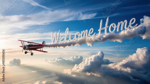 Red Vintage Biplane Writing ?Welcome? in Clouds at Golden Hour