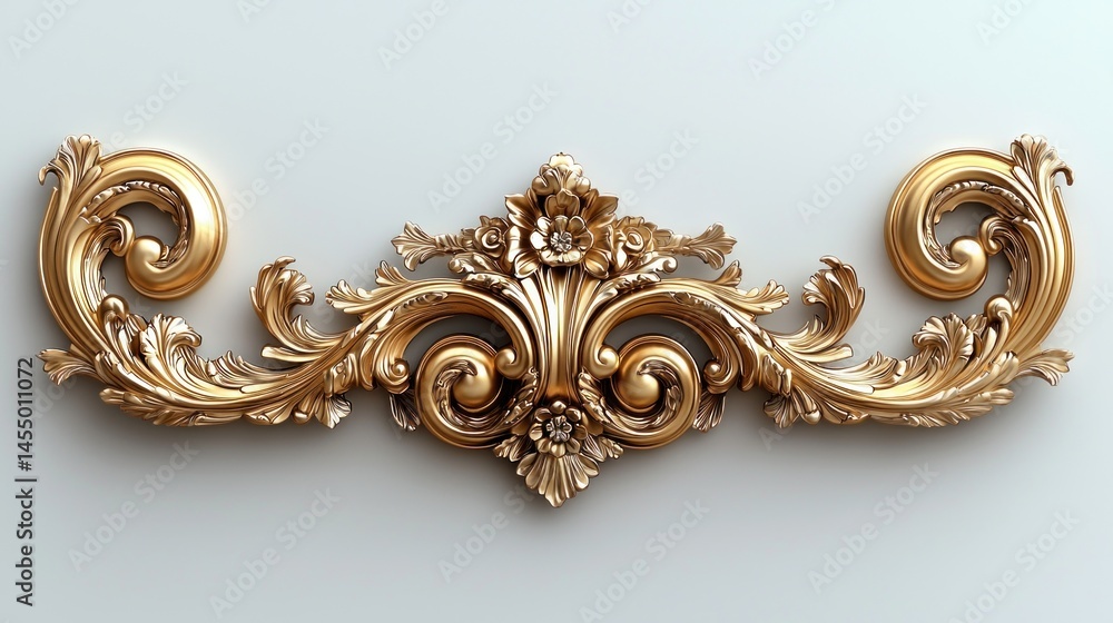 Golden Scroll Ornament with Floral Details on White Background Design Element Golden Scroll Ornament with Floral Details on White Background Design Element
