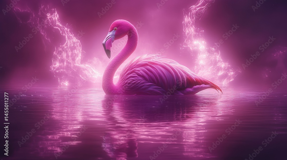 Fototapeta premium Pink flamingo, surreal, vibrant, glowing