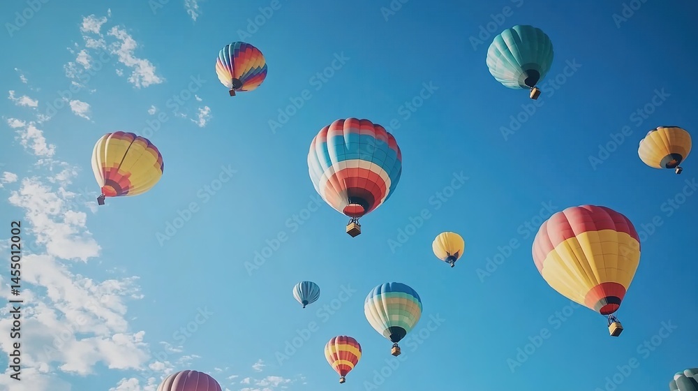 Fototapeta premium Colorful hot - air balloons floating in the sky over a landscape with people and vehicles