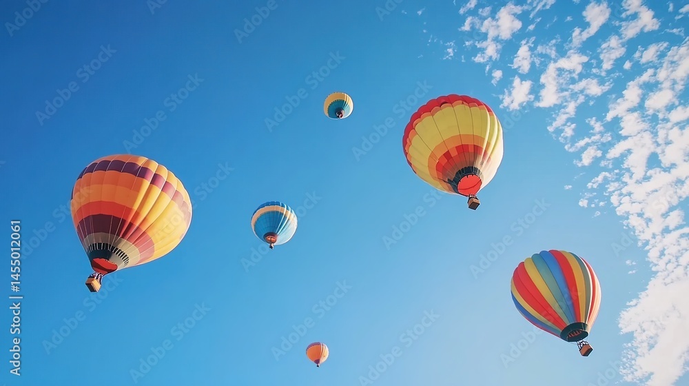Colorful hot - air balloons floating in the sky over a landscape with people and vehicles Colorful hot - air balloons floating in the sky over a landscape with people and vehicles