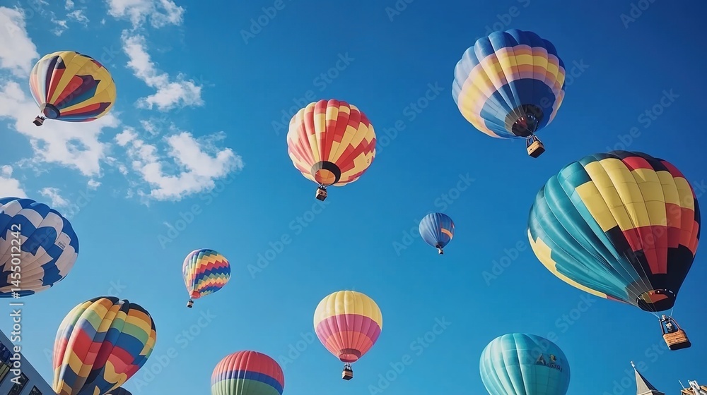 Fototapeta premium Colorful hot - air balloons floating in the sky over a landscape with people and vehicles