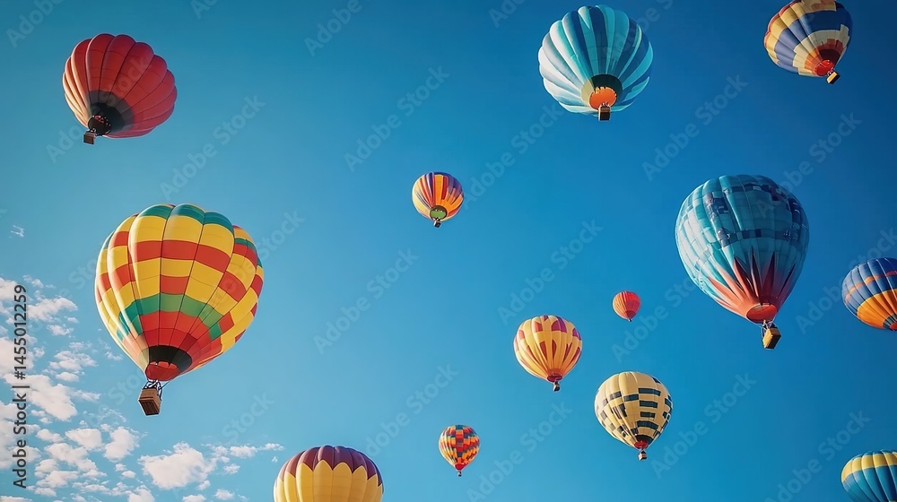 Fototapeta premium Colorful hot - air balloons floating in the sky over a landscape with people and vehicles