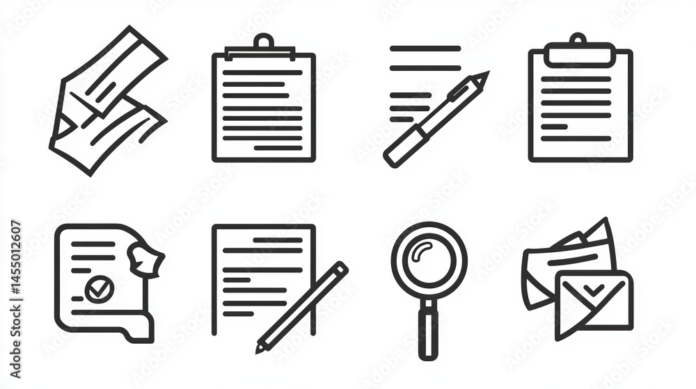 A set of line icons representing various document-related concepts: copying files, contract agreements, passports, CVs for interviews, document workflows, and attachment clips. A set of line icons representing various document-related concepts: copying files, contract agreements, passports, CVs for interviews, document workflows, and attachment clips.