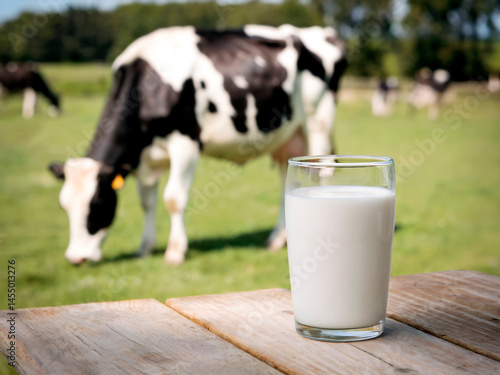 Glass of Fresh Milk with a Cow in the Background