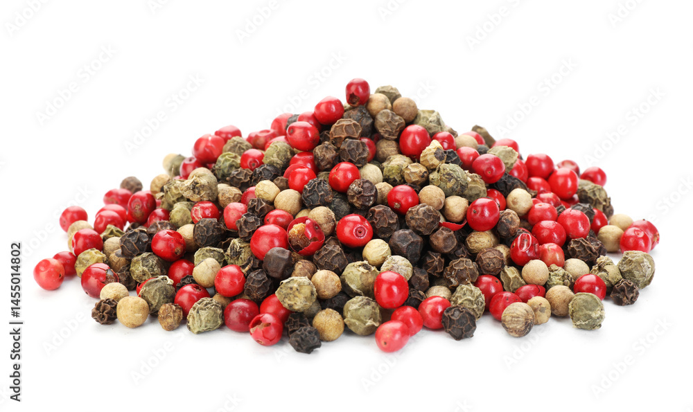 Pile of mixed peppercorns isolated on white. Aromatic spice Pile of mixed peppercorns isolated on white. Aromatic spice