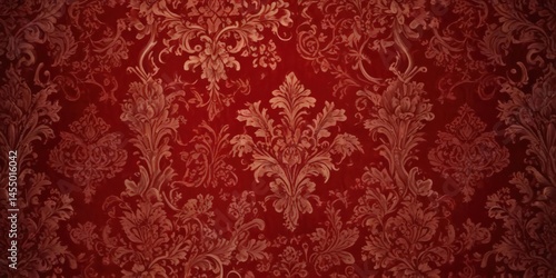Deep red damask, opulent floral motifs  Velvet-like texture, ornate design , damask pattern, luxurious texture