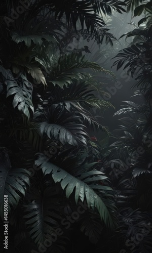 Intricate dark tropical leaves, vines, shadows on black  Lush, mysterious jungle foliage , high quality, backdrop, foliage