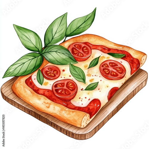 Watercolor Illustration of a Square Pizza with Tomatoes and Basil