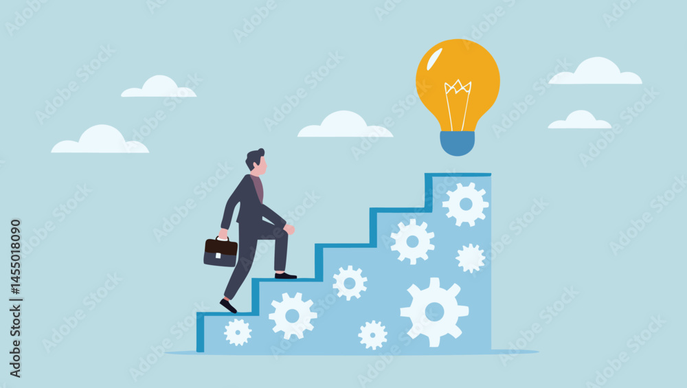 A businessman climbs stairs with gears leading to a bright lightbulb in the sky above A businessman climbs stairs with gears leading to a bright lightbulb in the sky above