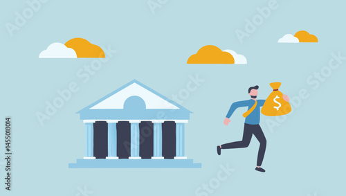 Illustration of a man running with money bag from bank building under cloudy sky