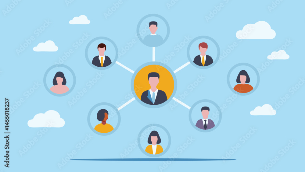 Illustration of a network of people connected to a central figure in an oval shape Illustration of a network of people connected to a central figure in an oval shape