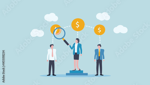 Illustration of business people connected to dollar coins via dotted lines and clouds