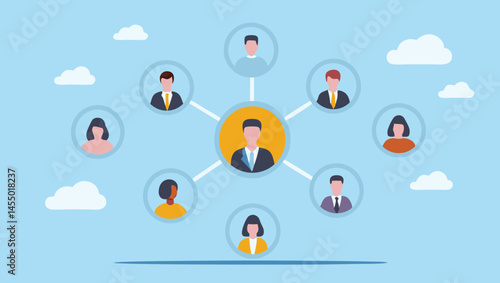 Illustration of a network of people connected to a central figure in an oval shape