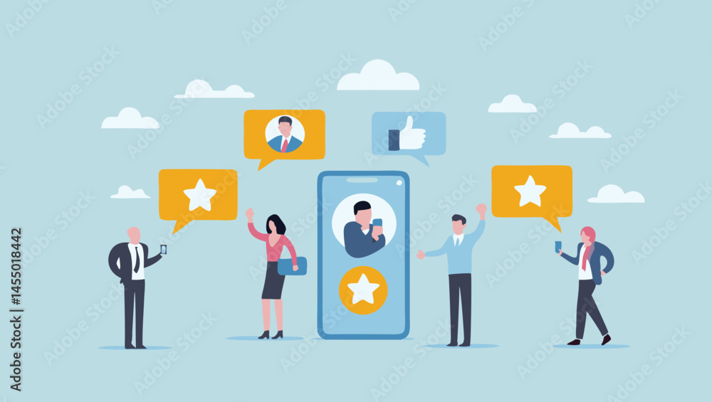 People interacting with a smartphone and social media elements in a light blue scene People interacting with a smartphone and social media elements in a light blue scene