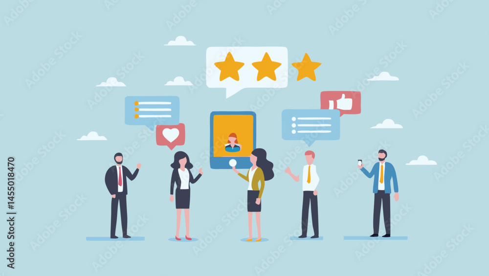Group of people interacting with a smartphone surrounded by feedback icons and clouds Group of people interacting with a smartphone surrounded by feedback icons and clouds