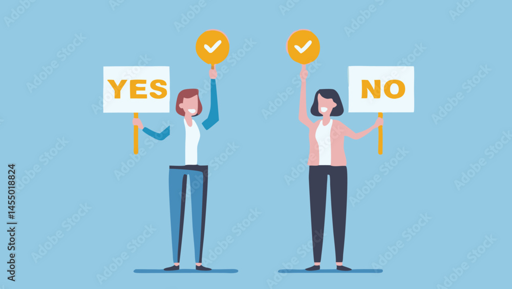Two people holding yes and no signs and checkmark signs in a light blue background Two people holding yes and no signs and checkmark signs in a light blue background