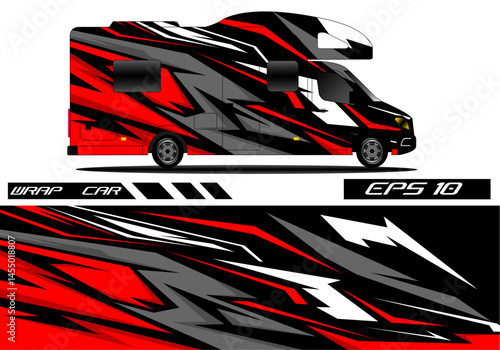 Vibrant RV Wrap Design with Bold Red and Black Patterns