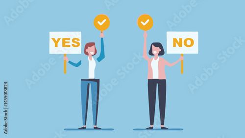 Two people holding yes and no signs and checkmark signs in a light blue background
