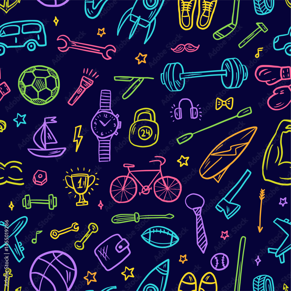 Vector seamless pattern of men's items, symbols and accessories, hand drawn in doodle style