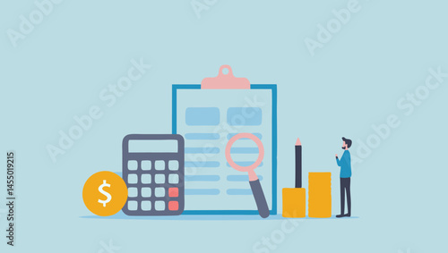 Illustration of financial planning with calculator clipboard and magnifying glass