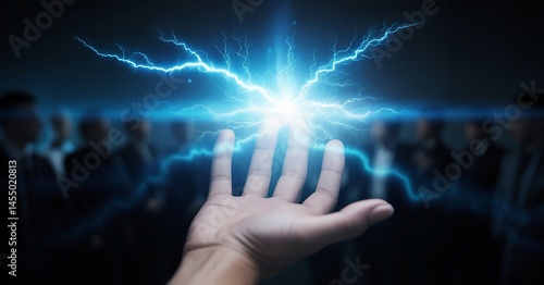 Hand with lightning bolt, power, energy, business people.