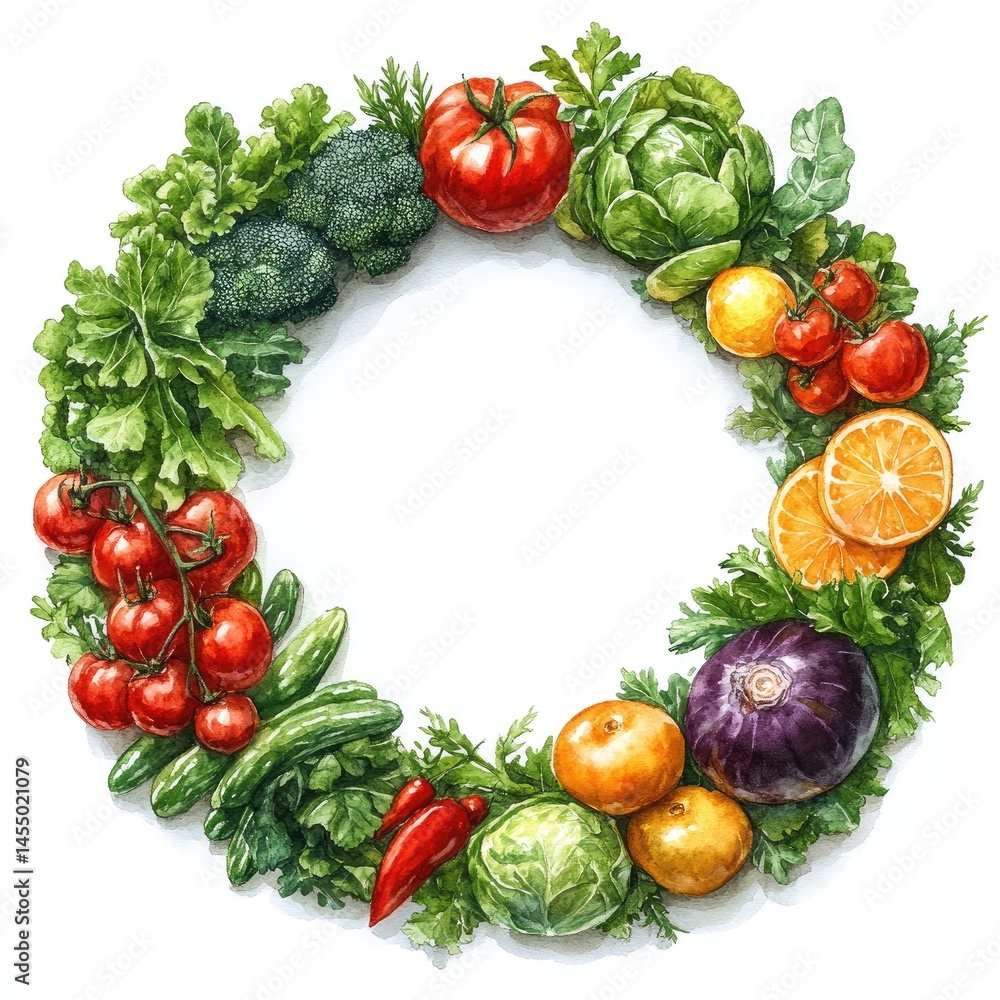 Colorful circular arrangement of fresh vegetables and fruits. Colorful circular arrangement of fresh vegetables and fruits.