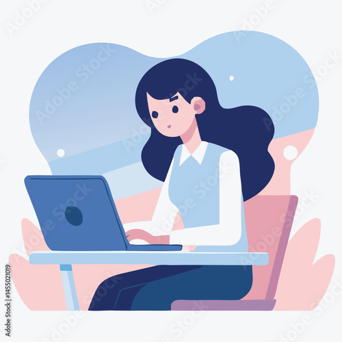 Animated woman with dark hair is actively using a laptop sitting at a table