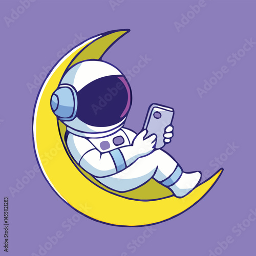 Cartoon astronaut relaxes on moon and checks social media using his smartphone