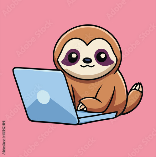 A cute sloth works on a modern laptop, set against a pink background