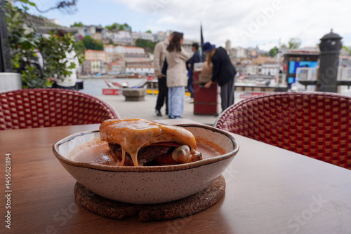Delicious Portuguese Francesinha Sandwich Melted Cheese Outdoor Cafe City View