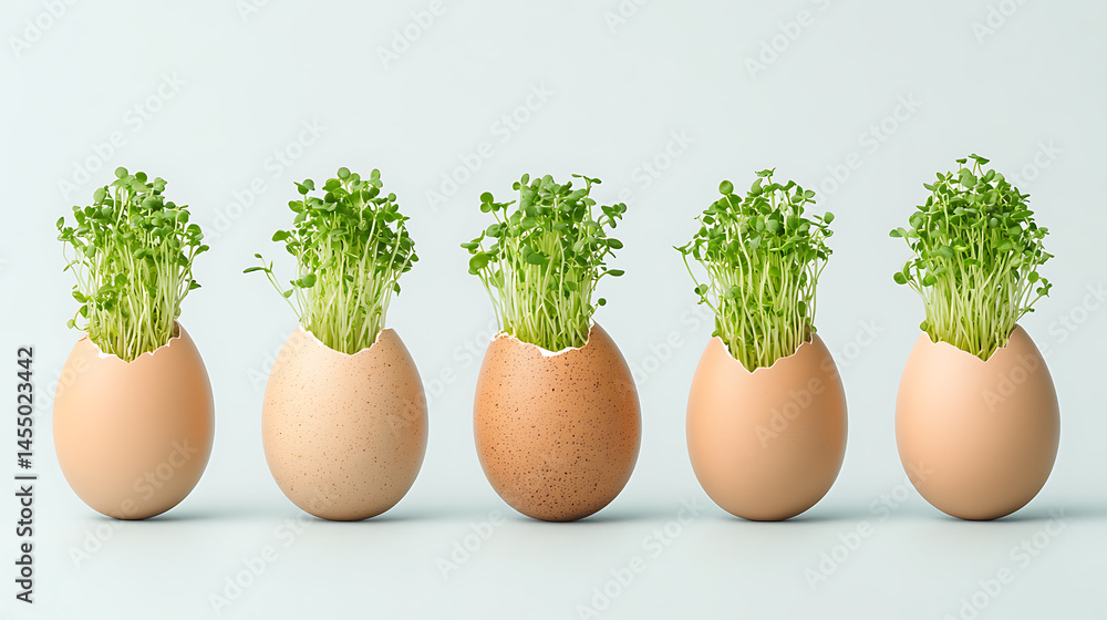 Eggshell Seedlings: A row of halved eggshells sprouting young greens, a symbol of springtime, new life, and sustainable gardening. Nurturing nature's potential. Eggshell Seedlings: A row of halved eggshells sprouting young greens, a symbol of springtime, new life, and sustainable gardening. Nurturing nature's potential.