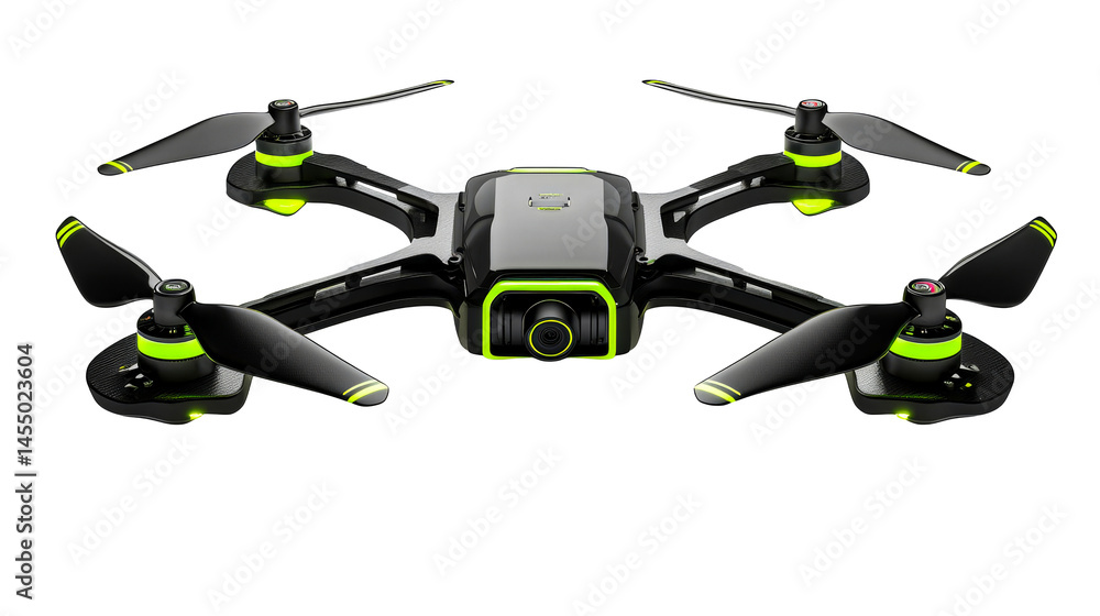 Modern drone with camera and green accents, cut out transparent Modern drone with camera and green accents, cut out transparent