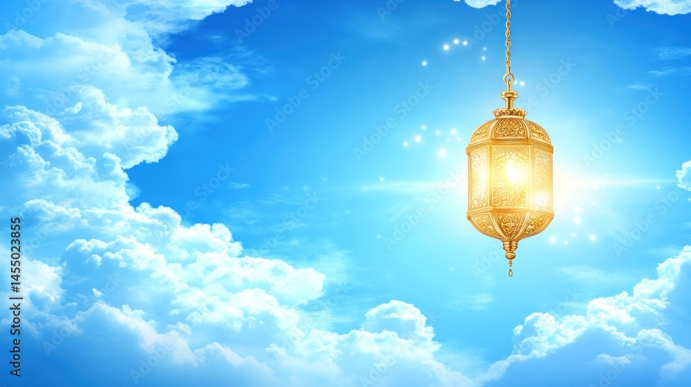 Obraz premium Golden Ramadan Lantern Illuminating a Blue Sky with Soft White Clouds