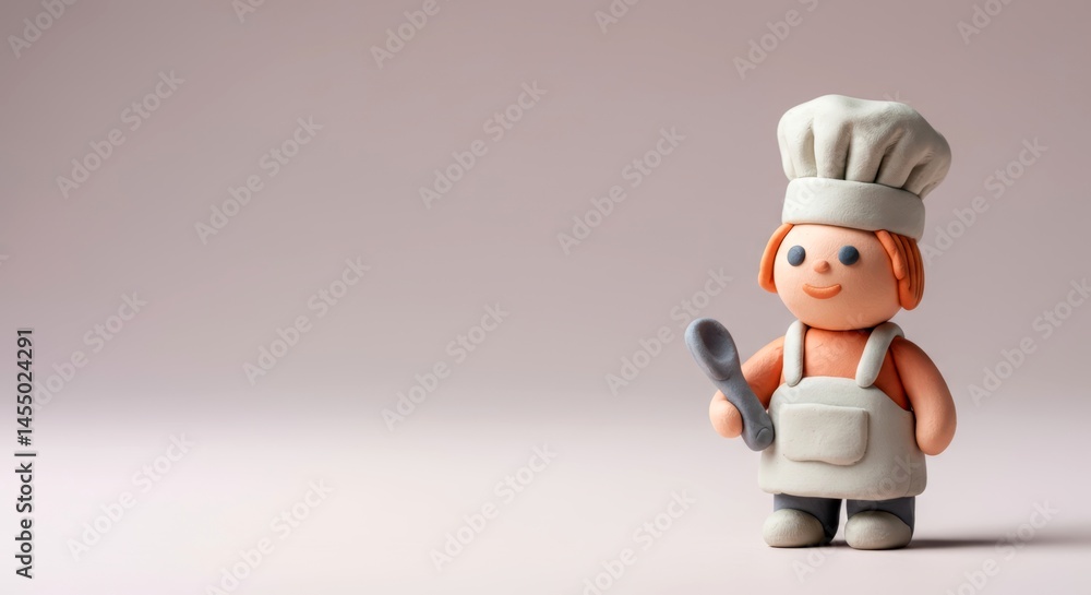 Obraz premium A toy chef figure made of clay stands holding a spoon against a light background, creative concept for cooking or food industry