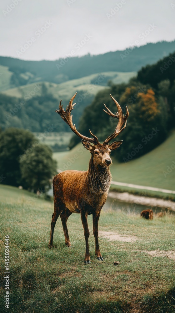 Naklejka premium Magnificent red deer stag with impressive antlers standing alert on green meadow with blurred background of forested hills and lake