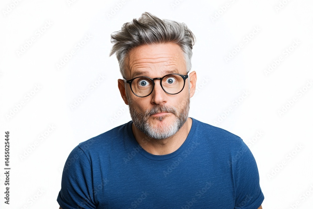 Fototapeta premium Portrait of a startled man in a blue t-shirt removing his eyewear and gazing with astonishment at the camera