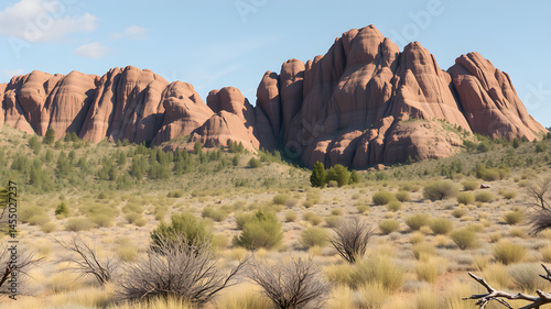 Scenic Desert Landscape with Rocky Mountains and Dry Vegetation