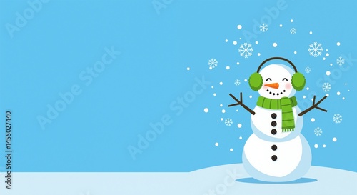 Cheerful snowman with earmuffs and scarf against a blue winter background