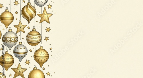 Elegant gold and silver Christmas ornaments hanging on a light background