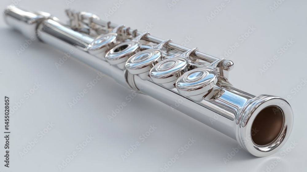 Fototapeta premium Shiny Silver Wind Instrument with Detailed Keys and Reflective Surface Ideal for Music Themes